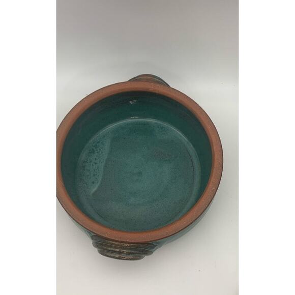 Vintage Signed Art Pottery Bowl Blue Drop Glaze Handles 8+ Inches Wide - Picture 5 of 7